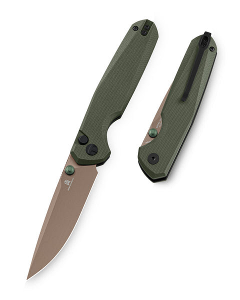 BESTECHMAN VELIX BMK07G: 3.315" 14C28N Steel Blade, G10 Scales, Button Lock, Flipper